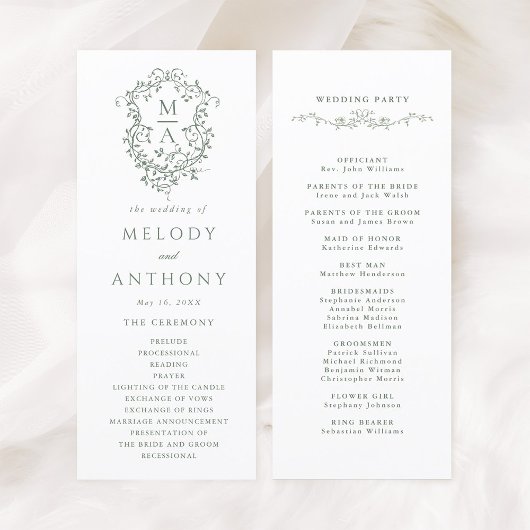 Sage Green Elegant Floral Crest Wedding Ceremony Programmakaart