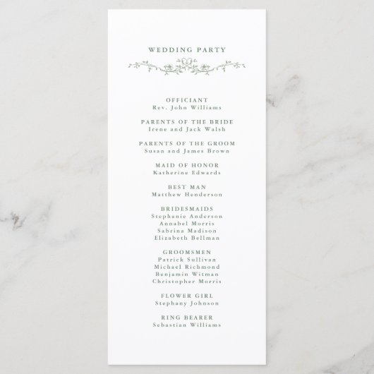 Sage Green Elegant Floral Crest Wedding Ceremony Programmakaart (Achterkant)