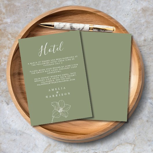 Sage Green Elegant Floral Wedding Hotel Informatiekaartje