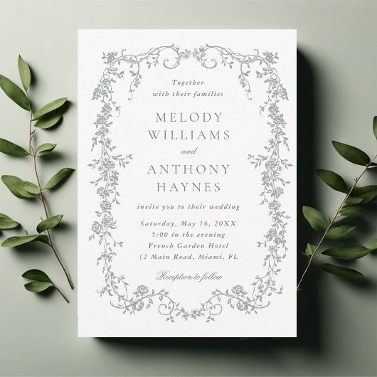 Sage Green Elegant French Floral Wedding Kaart