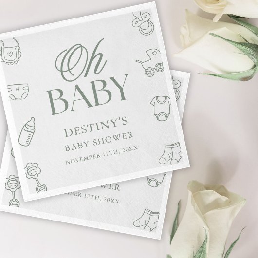 Sage Green Elegant Hand Drawn Baby Shower Servet