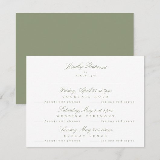 Sage Green Elegant Kalligrafie multi-event RSVP Kaartje (Voorkant / Achterkant)