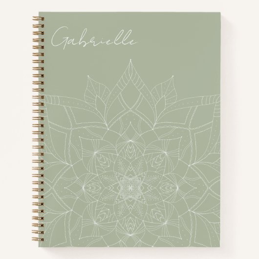 Sage Green Elegant Mandala Gepersonaliseerde naam Notitieboek (Voorkant)
