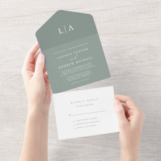 Sage Green Elegant Minimalist Wedding All In One Uitnodiging (Afscheurbaar)