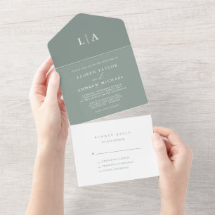 Sage Green Elegant Minimalist Wedding All In One Uitnodiging