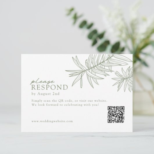 Sage Green Elegant Minimalistische Botanische QR-c RSVP Kaartje (Staand voorkant)
