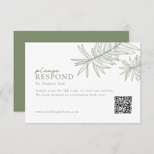 Sage Green Elegant Minimalistische Botanische QR-c RSVP Kaartje (Voorkant / Achterkant)