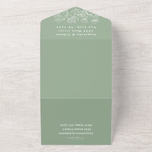 Sage Green Elegant Modern Floral Wedding All In One Uitnodiging (Buitenkant)