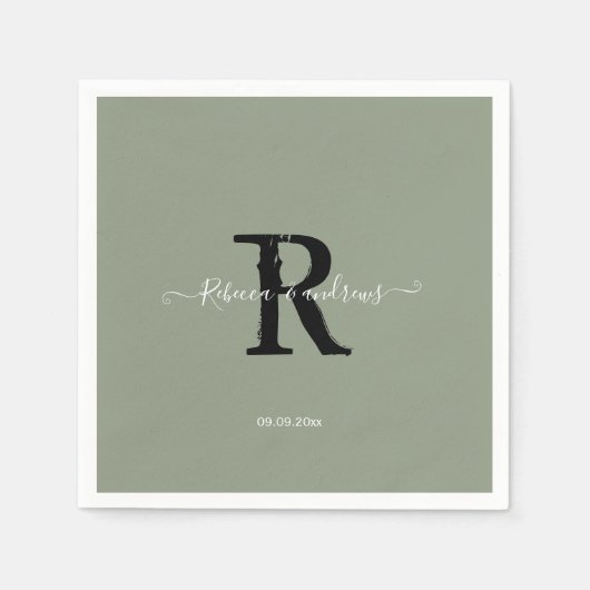 Sage Green Elegant Monogram Script Initiaal bruilo Servet (Voorkant)
