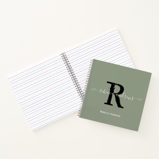 Sage Green Elegant Monogram Script Naam Initiaal Notitieboek (Binnen)