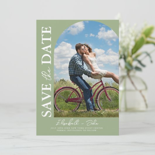 Sage Green Elegant Photo Wedding Save the Date (Staand voorkant)