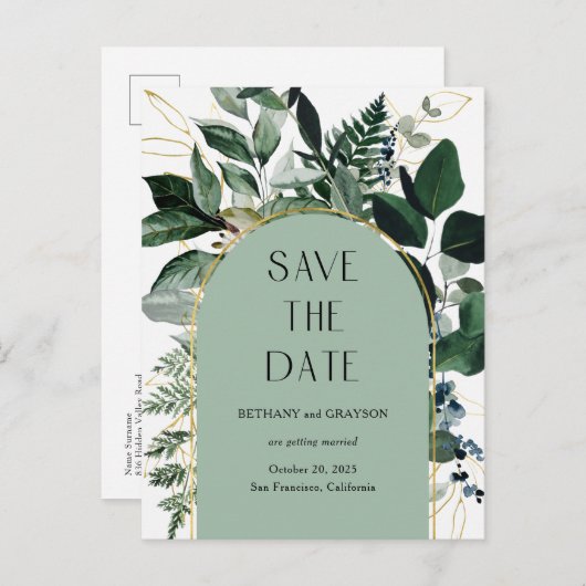 Sage Green, Elegant QR code Greenery, sparen de da Aankondigingskaart (Voorkant / Achterkant)