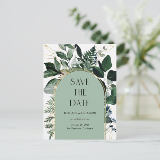 Sage Green, Elegant QR code Greenery, sparen de da Aankondigingskaart (Staand voorkant)