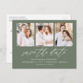 Sage Green Elegant Script 3 Foto Save the Date Aankondigingskaart (Voorkant / Achterkant)
