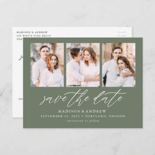 Sage Green Elegant Script 3 Foto Save the Date Aankondigingskaart (Voorkant / Achterkant)