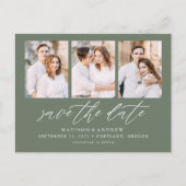 Sage Green Elegant Script 3 Foto Save the Date Aankondigingskaart (Voorkant)
