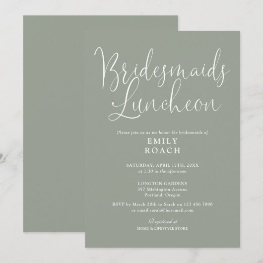 Sage Green Elegant Script Bruidsmeisjes Luncheon Kaart (Voorkant / Achterkant)