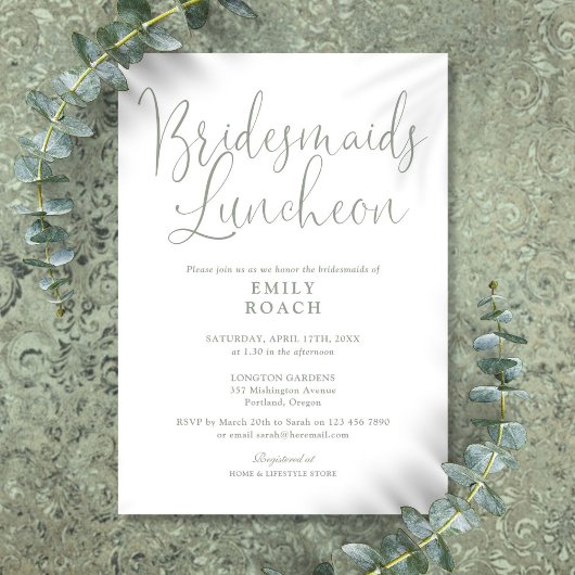Sage Green Elegant Script Bruidsmeisjes Luncheon Kaart