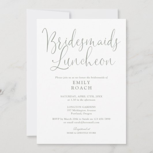 Sage Green Elegant Script Bruidsmeisjes Luncheon Kaart (Voorkant)
