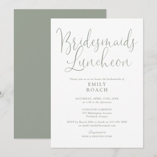 Sage Green Elegant Script Bruidsmeisjes Luncheon Kaart (Voorkant / Achterkant)