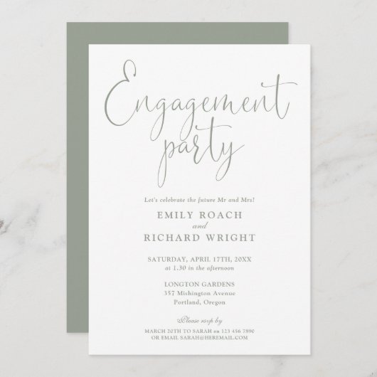 Sage Green Elegant Script Engagement Party Kaart (Voorkant / Achterkant)