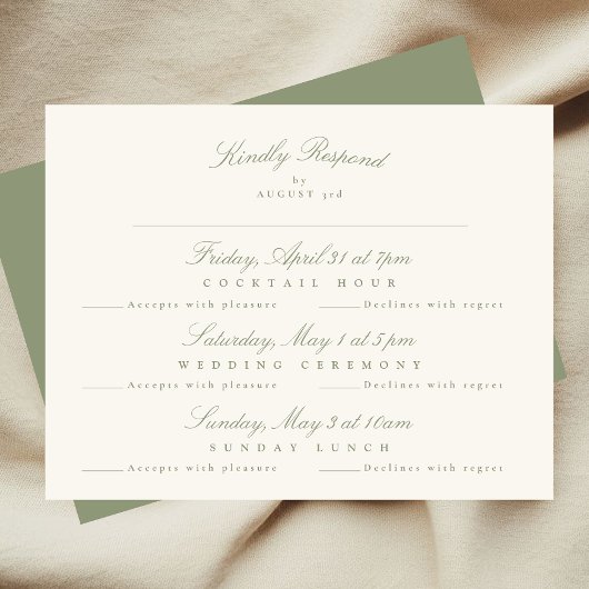 Sage Green Elegant Script Formele multi-gebeurteni RSVP Kaartje