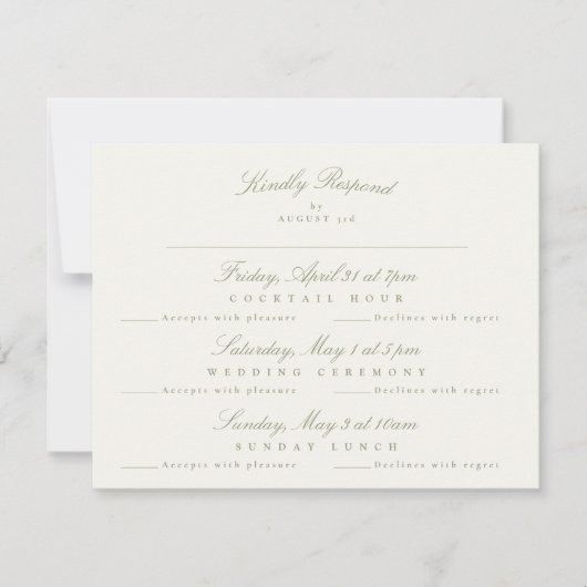 Sage Green Elegant Script Formele multi-gebeurteni RSVP Kaartje (Voorkant)