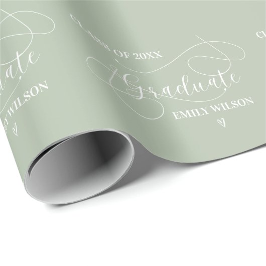Sage Green Elegant Script Klasse van 2025 Afstuder Cadeaupapier (Rol Hoek)