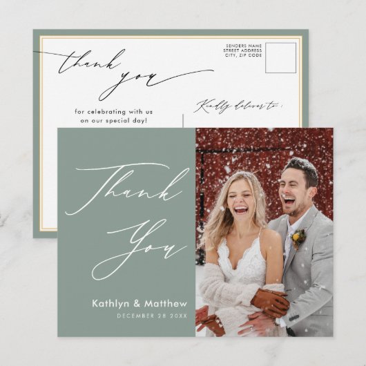 Sage Green Elegant Script Modern Weddenschap Bedan Briefkaart (Voorkant / Achterkant)