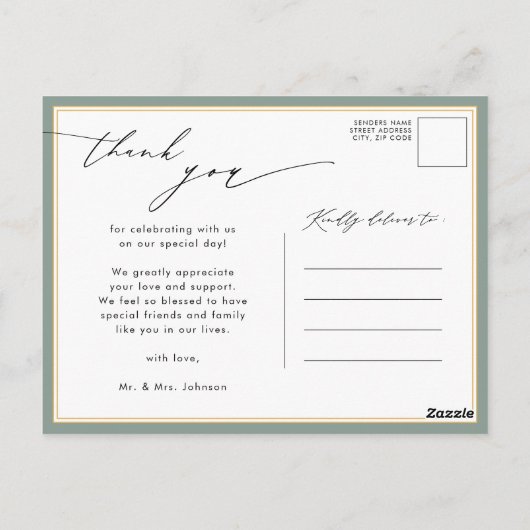 Sage Green Elegant Script Modern Weddenschap Bedan Briefkaart (Achterkant)