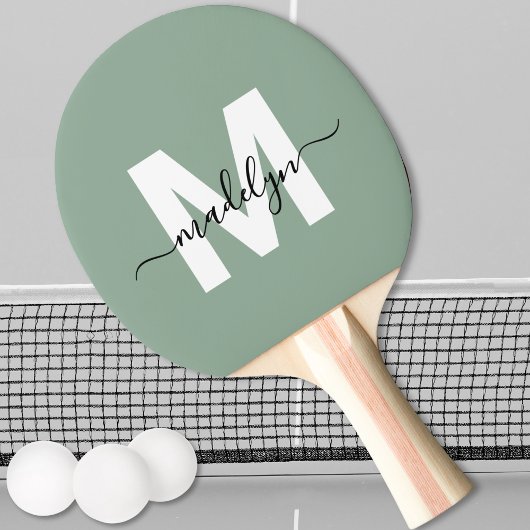 Sage Green Elegant Script Naam Monogram Tafeltennisbatje