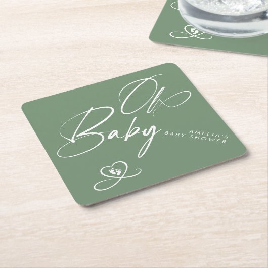 Sage Green Elegant Script Oh Baby Baby Shower Kartonnen Onderzetters (Schuin)