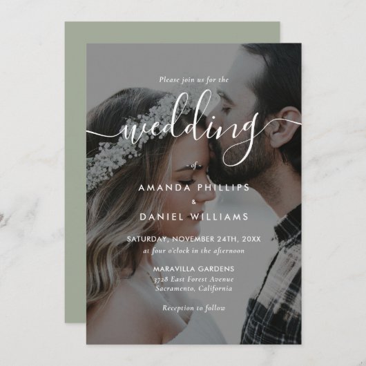 Sage Green Elegant Script Photo Wedding Kaart (Voorkant / Achterkant)