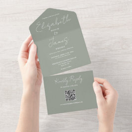 Sage Green Elegant Script QR Code Weddenschap All In One Uitnodiging
