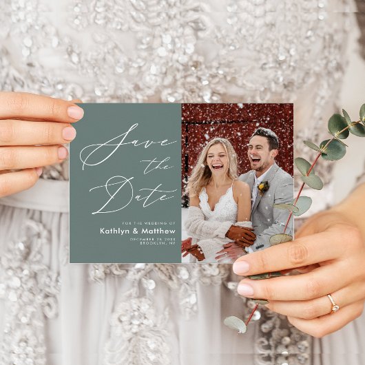 Sage Green Elegant Script Wedding Save the Date Aankondigingskaart