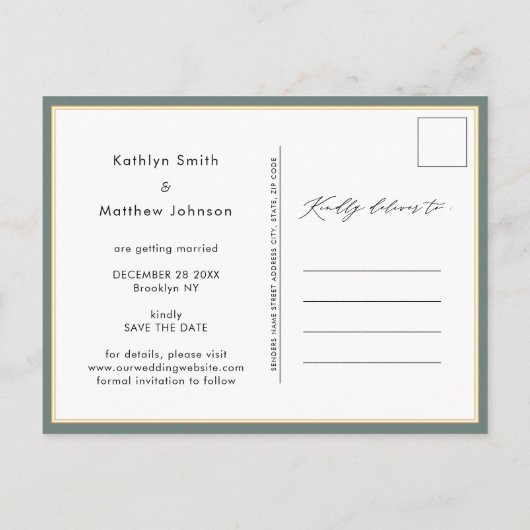 Sage Green Elegant Script Wedding Save the Date Aankondigingskaart (Achterkant)