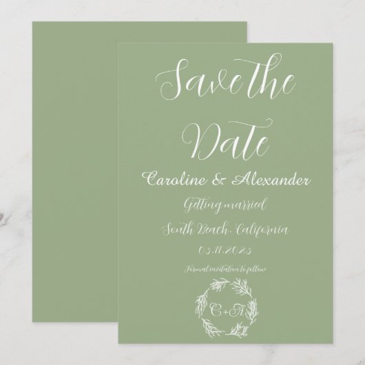 Sage Green Elegant Simple Floral Wedding Save The Date (Voorkant / Achterkant)