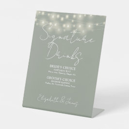 Sage Green Elegant String Lights Signature Drinken Reclamebord Met Voetstuk