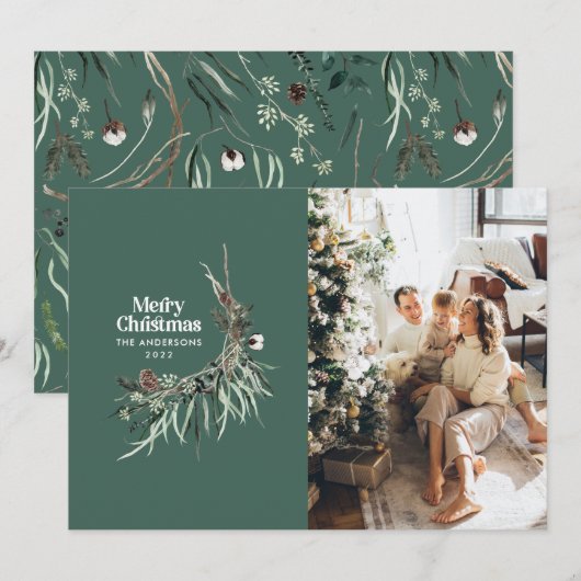 Sage green elegant watercolor botanical rustic feestdagenkaart (Voorkant / Achterkant)