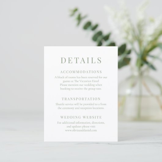 Sage Green Elegant Wedding Details Kaart (Staand voorkant)