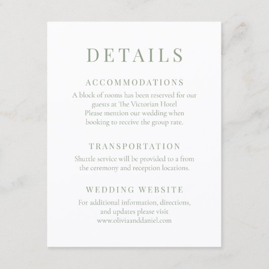 Sage Green Elegant Wedding Details Kaart (Voorkant)