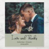 Sage Green Elegant Wedding Love and Thanks Photo Wijn Etiket (Enkel label)