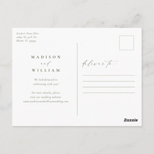 Sage Green Elegant Wedding Save The Date Briefkaart (Achterkant)