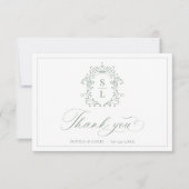 Sage Green Elegante Barok Crest Monogram Huwelijk Bedankkaart (Voorkant)