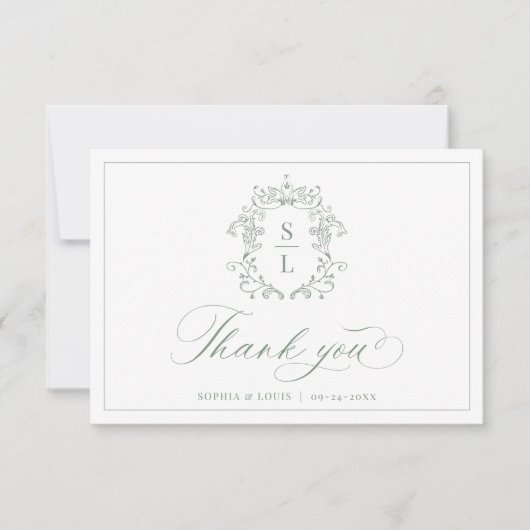 Sage Green Elegante Barok Crest Monogram Huwelijk Bedankkaart (Voorkant)