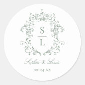Sage Green Elegante Barok Crest Monogram Huwelijk Ronde Sticker (Voorkant)
