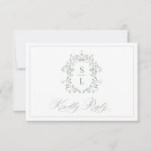 Sage Green Elegante Barok Crest Monogram Huwelijk RSVP Kaartje (Voorkant)