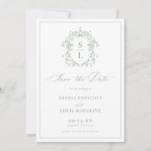 Sage Green Elegante Barok Crest Monogram Huwelijk Save The Date (Voorkant)