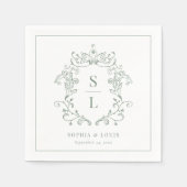 Sage Green Elegante Barok Crest Monogram Huwelijk Servet (Voorkant)