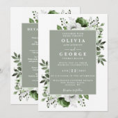 Sage Green Elegante Bloemen Alles in één bruiloft Kaart (Voorkant / Achterkant)